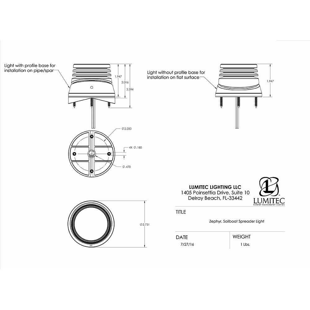 Lumitec Zephyr LED SpreaderDeck Light Brushed Black Base  White NonDimming 101326