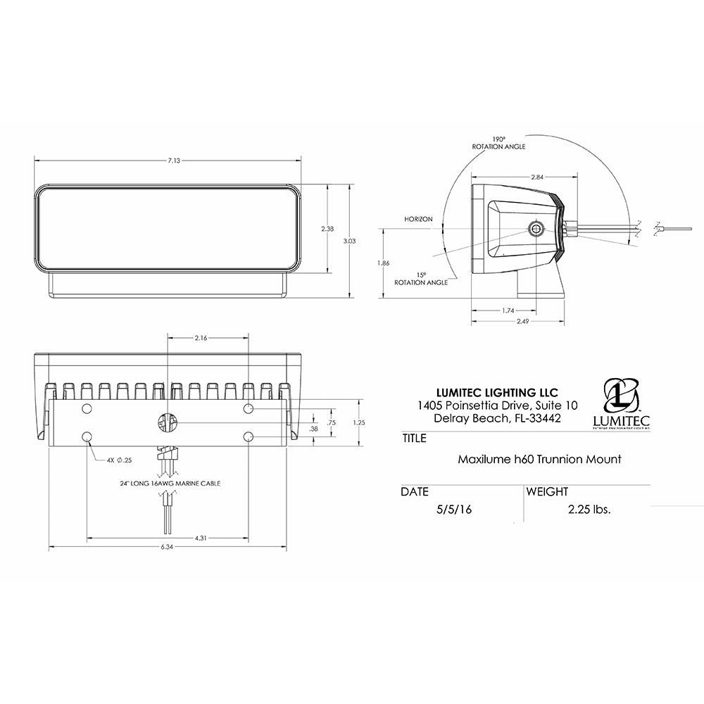 Lumitec Maxillume h60  Trunnion Mount Flood Light  White Dimming  White Housing 101334