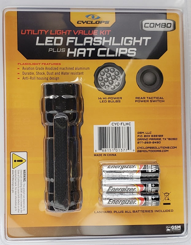 Cyclops LED Flashlight Plus Hat Clip Lights Combo CYC-FLHC