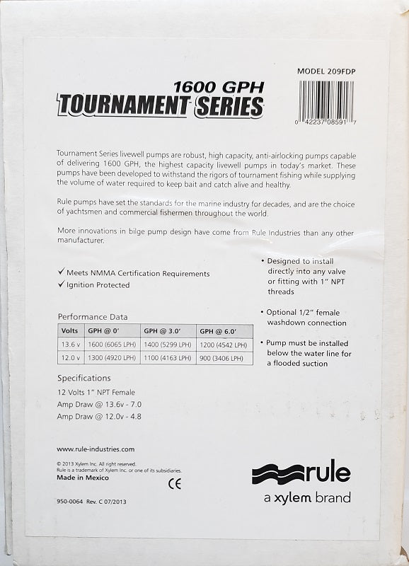 Rule 1600GPH Tournament Series Dual Port Livewell-Baitwell Pump 209FDP