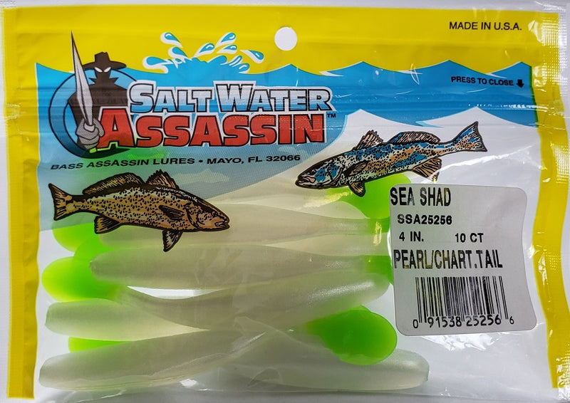 SaltWater Assassin Sea Shad Pearl/Chartreuse Tail 4 10ct